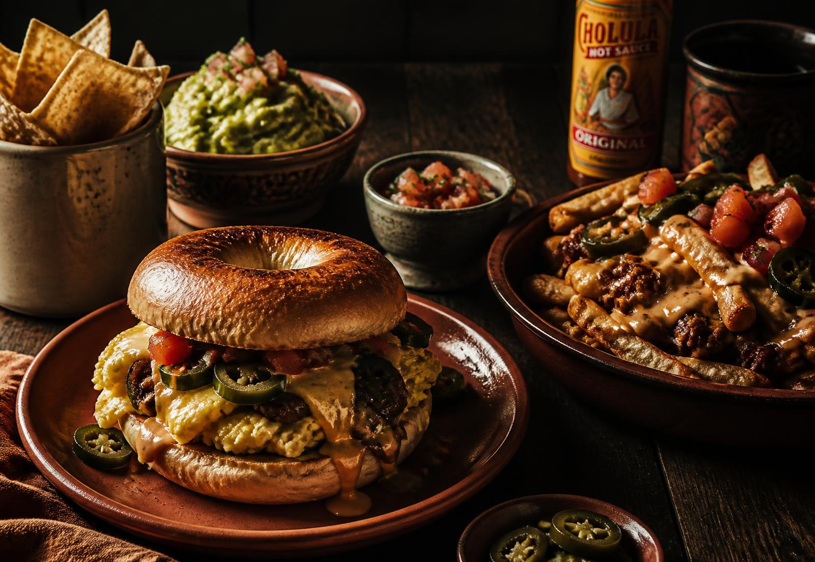 Tex-Mex breakfast bagel with eggs and jalapeños beside chili fries, guacamole and salsa